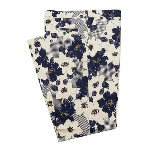 Mens 34 Floral Pants Blue Cream Flat Front Straight Fit Trousers Resortwear